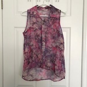 Y2K Aeropostale Floral High Low Button Up Tank Top Blouse M Sheer Sleeveless